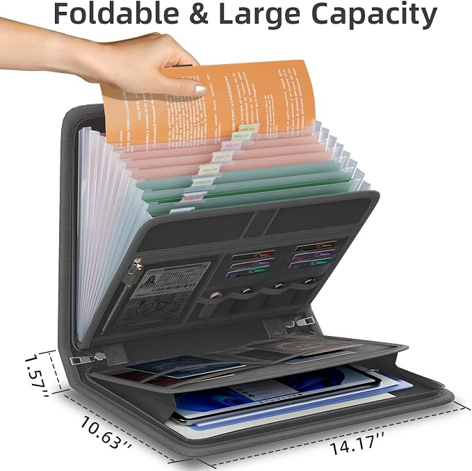 Fireproof Accordion File Organizer, Expanding File Folder with 13 Pockets | Portable Document Organizer with Waterproof Zipper & Labels, File Organizer for Important Document/Paper Storage, Dark Gray