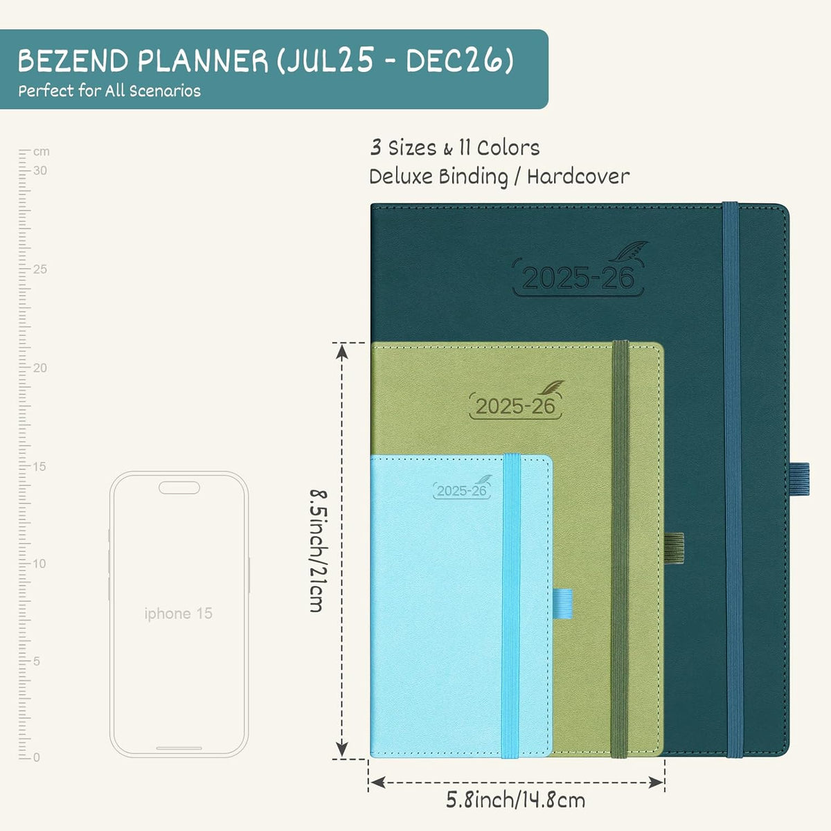 BEZEND Planner 2025-2026 Weekly and Monthly, 5.8" x 8.5" Academic Calendar (Jul 25-Dec 26) Vertical Daily Appointment with Hourly Timeslot & Monthly Tab, PU Leather Hardcover - Kiwi
