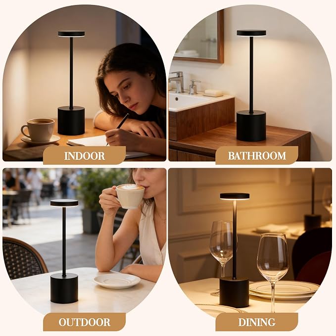 Cordless Table Lamp Set of 2, 5000mAh Rechargeable Lamp with Touch Control & Stepless Dimming, 3 Light Modes, IP54 Waterproof Portable Light for Dining Table, Patio, Bedroom, Power Outage (Black)