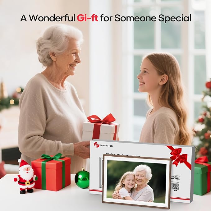 Frameo 10.1" Wood WiFi Digital Picture Frame with 32GB Memory, 1280 x 800 IPS HD Touch Screen Electronic Photo Frame, Auto-Rotate, Slideshow, Wall Mountable, Share Photos/Video Remotely Anywhere