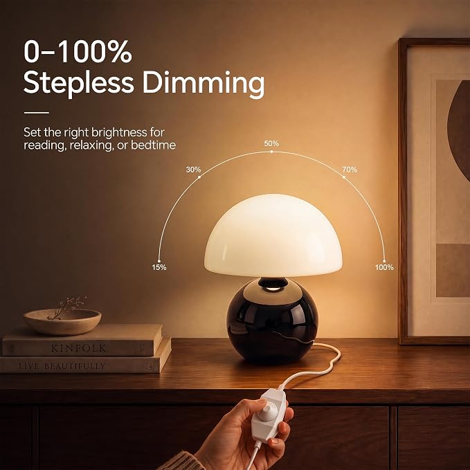 Mushroom Lamp Table Lamp for Bedroom-Small Desk Table Lamps,Black | 8.7" Mid Century Modern Table Lamps for Living Room Bedroom Decor,Cute Ceramic Lamps for Mushroom Home Room Decor,Glass Shade
