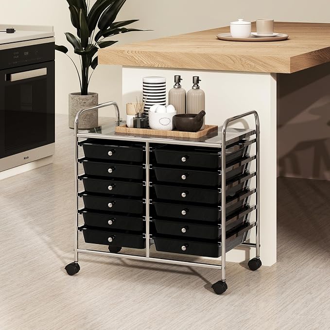 COSTWAY 12-Drawer Rolling Storage Cart, Utility Storage Organizer Cart | For Tools, Scrapbook, Paper, Craft, Multipurpose Art Supply Organizer on Wheels for Home Office School, Teacher, Black