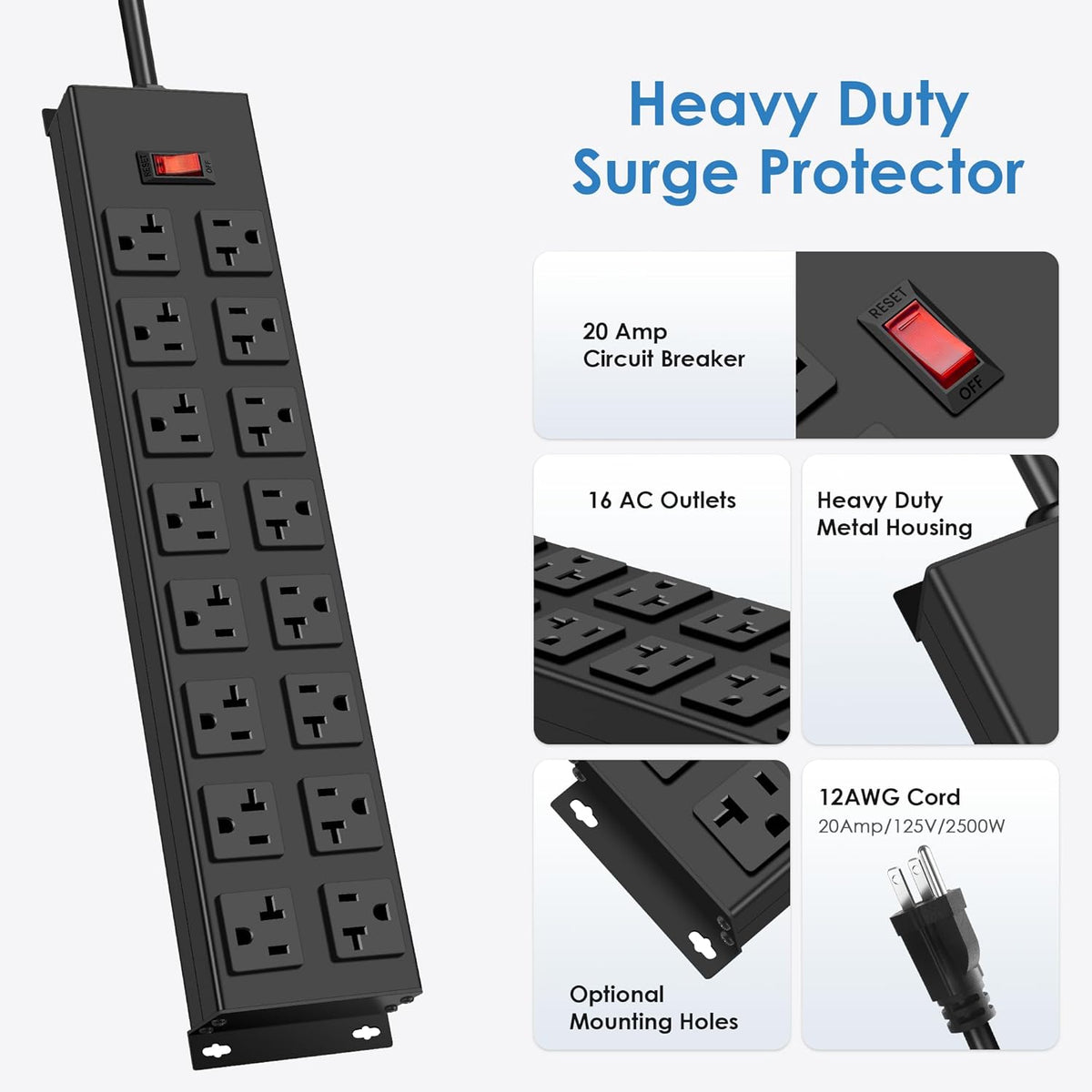 JUNNUJ Heavy Duty 20 Amp Power Strip, Garage 16 Outlets Metal 12 Gauge Surge Protector 3000J, High Amp 5-15P Adapter Shop 6-20R T-Slot Industrial Outlets (16AC, 15FT)