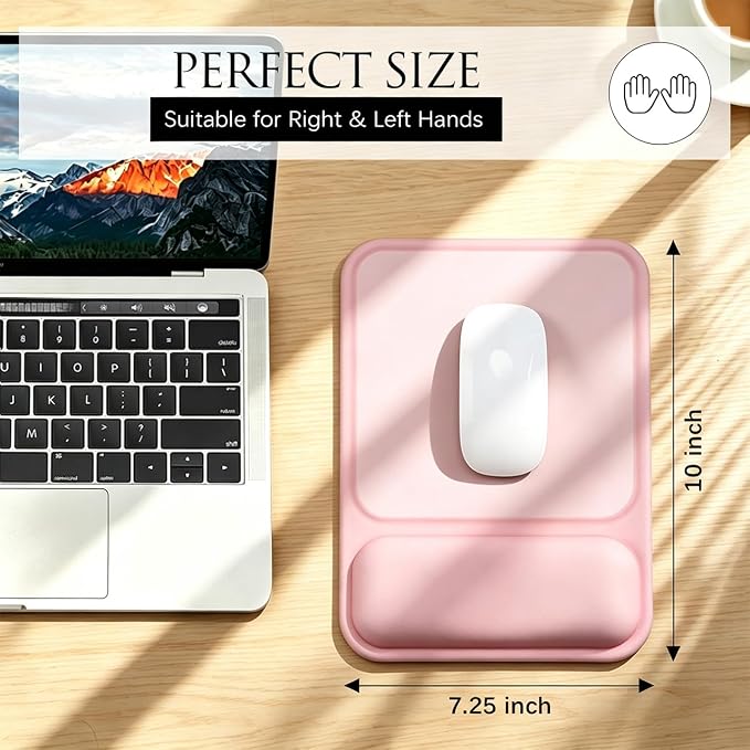 JIKIOU Ergonomic Mouse Pad with Gel Wrist Rest, 10 x 7.25 in, Pink | 40% Larger Rectangular Design-No More Hitting Edges Mid-glide, Savior of Pain Relief, Smooth Lycra Surface, Non-Slip PU Base