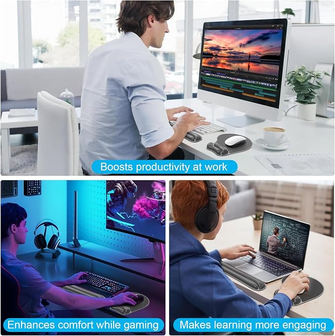 Gel Wrist Rest Mouse Pad Set, Ergonomic Support for Office Gaming | Ergonomic Keyboard and Mousepad with Wrist Support,Cooling Comfort, Non-Skid Base, Easy Clean, for Home and Work Desk Black