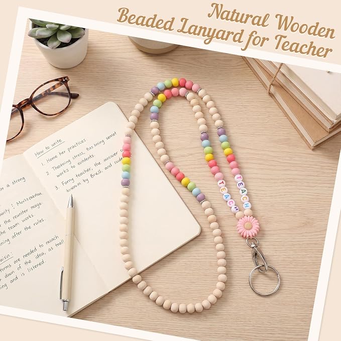 Teacher Lanyard for ID Badges Wooden Beaded Lanyard with ID Holder for Teachers Doctors Office Staff in Schools, Hospitals, and Workplaces Carrying Keys or Access Cards (Pink)