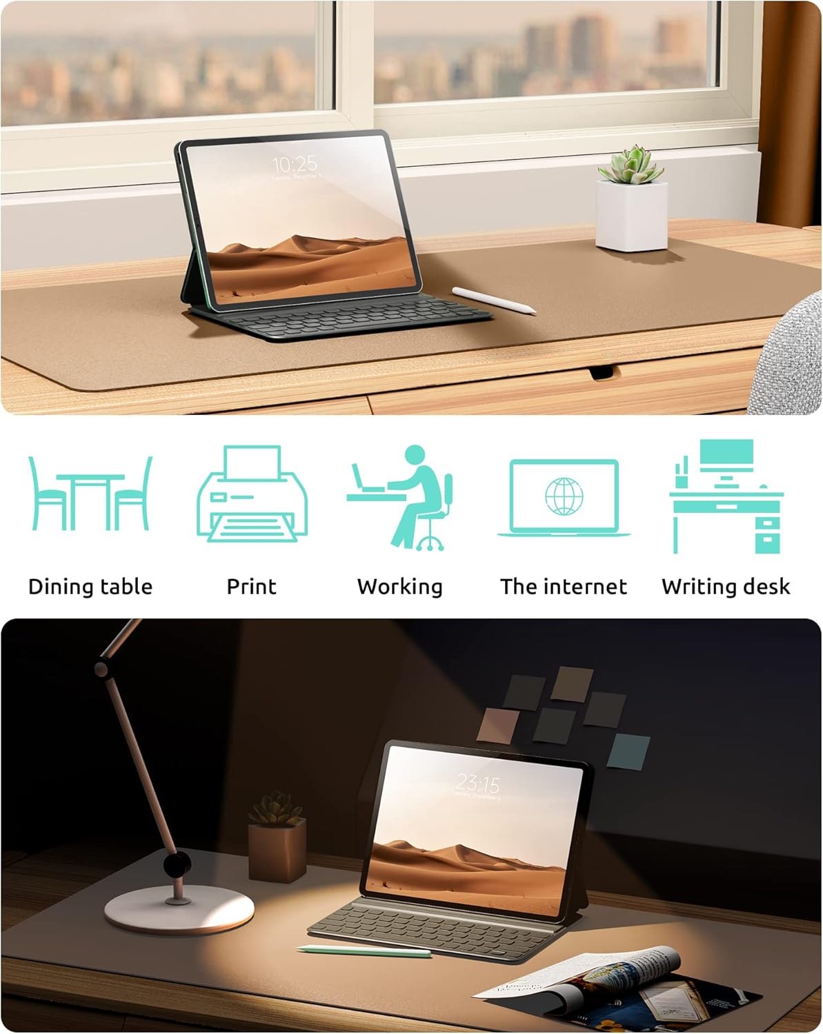 YSAGi Leather Desk Pad Protector, Office Mat, Large Mouse Pad, Non-Slip PU Blotter, Laptop Waterproof Writing for and Home (23.6" x 13.8", Khaki)