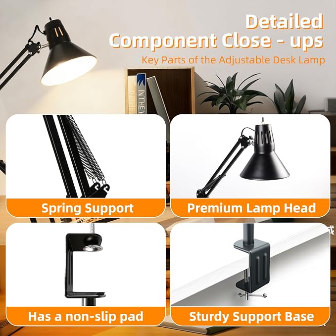 Black Desk Lamp with Clamp, Extra-Tall Adjustable Metal Swing Arm, 2 Pack | Manicurist Table Lamp for Nail Work, Drafting, Sewing, Crafting, College Dorm and Home Office, A19 Bulbs Included