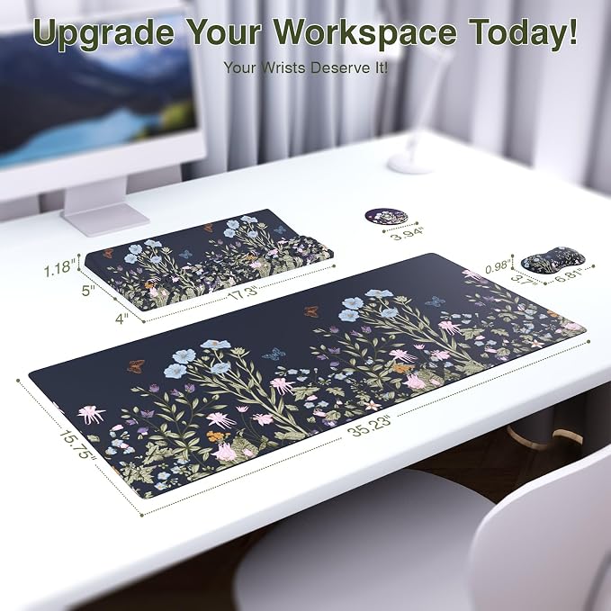 Ospelelf Keyboard Wrist Rest Stand Pad and Ergonomic Mouse Pad Set with Large Mousepad, Memory Foam Comfort, Premium Office Desk Accessories for Pain Relief, Moonlit Blossoms