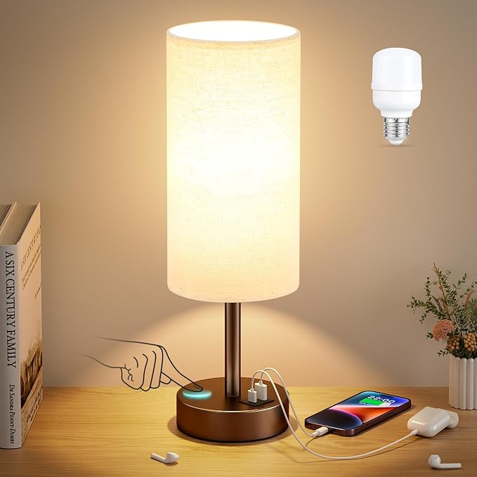 Dicoool Bedside Table Lamp for Bedroom - 3-Way Dimmable Touch Lamp, USB A+C | LED Bulb Included, 14" Small Nightstand Lamp for Desk, Living Room, Guest Room, Beige Fabric Lampshade, Brown Metal Base