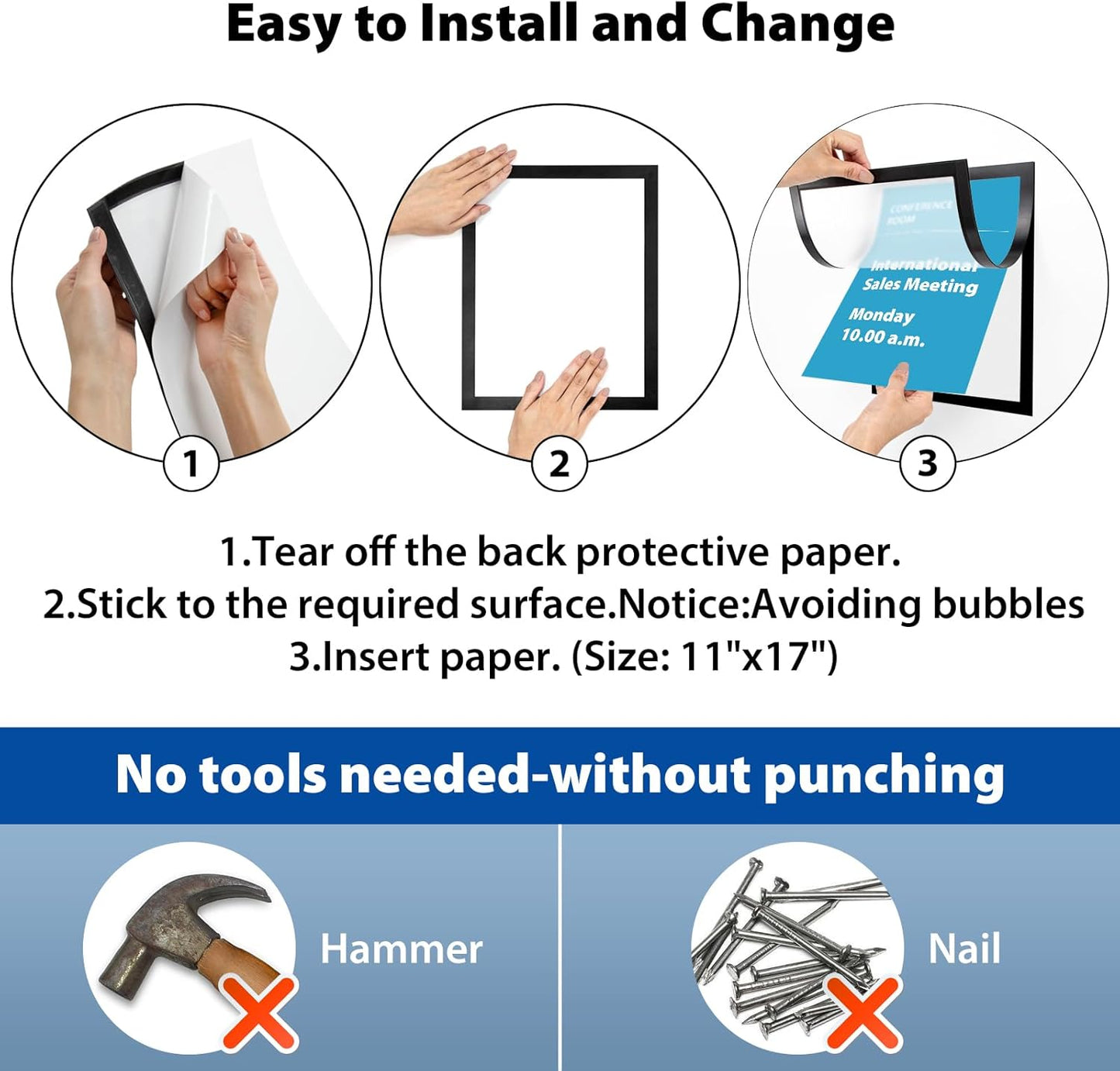 11"x 17" Self Adhesive Magnetic Sign Holder, Double Sided Window Magnetic Display Frame with Clear PVC and Strong Magnetic for Office/Home/Store/Door/Glass/Wall Display Frame(Black,10Pack)