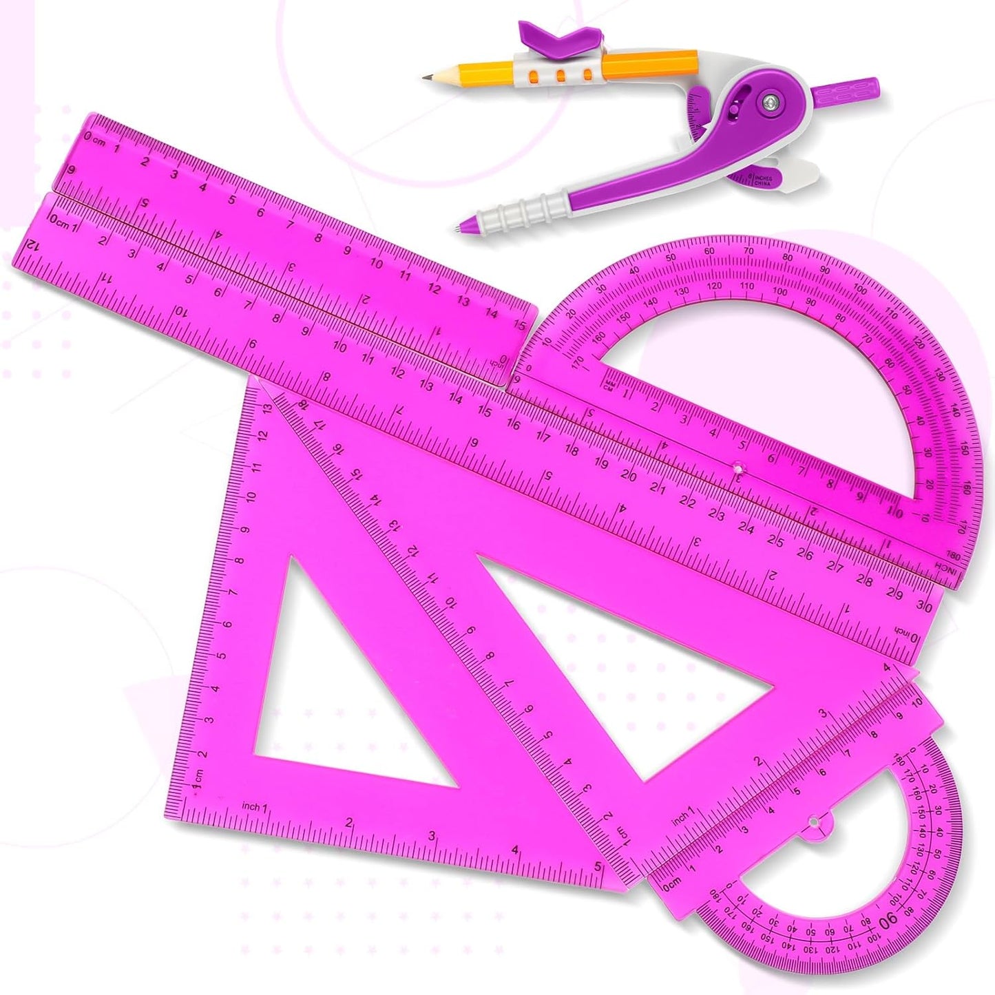 Zonon 1 Set Plastic Geometry Math Set 7 Pcs Includes 6'' / 4 '' Protractor, Drawing Compass, 45/60 Degree Triangle Rulers, 12'' / 6'' Math Ruler Transparent for Office Supplies(Purple)
