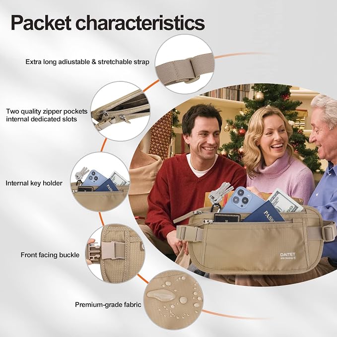 Money Belt - Passport Holder Secure Hidden Travel Wallet with RFID Blocking, Undercover Fanny Pack (Beige)