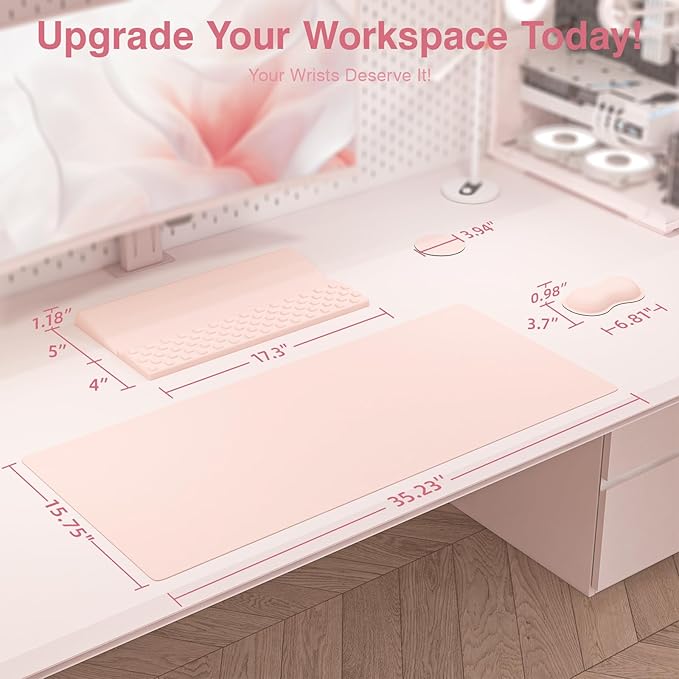 Ospelelf Keyboard Stand Wrist Rest Pad and Ergonomic Mouse Pad Set with Large Mousepad Desk Mat, Memory Foam Comfort, Premium Office Desk Accessories for Pain Relief and Efficiency, Pink