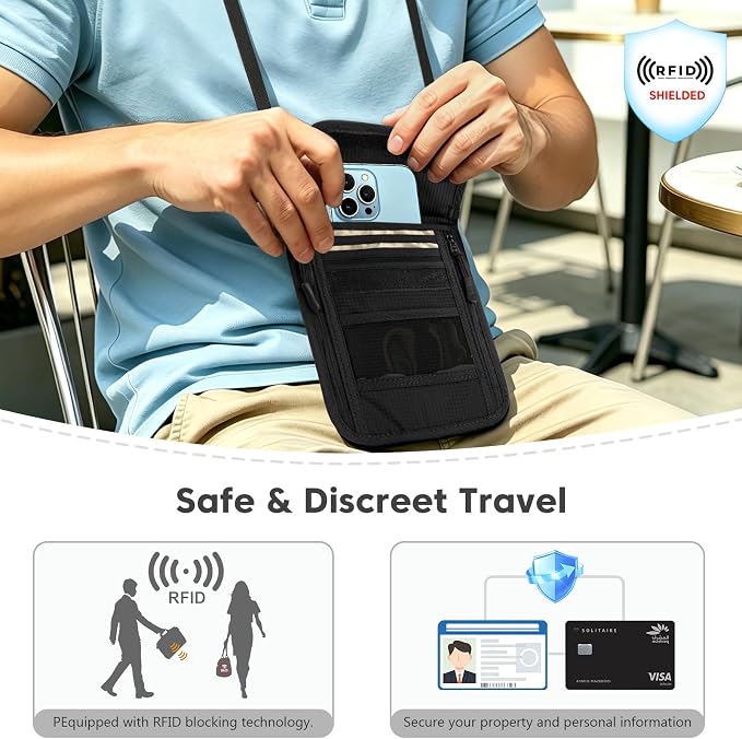 XIEEAOZEE Passport Holder, RFID Blocking Travel Wallet for Women & Men, Slim & Light Waterproof Neck Pouch, Hidden and Secure Passport Wallet (Black)