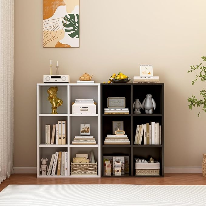 6-Cube Storage Shelf Bookcase - Wooden 3-Tier Floor Standing Open Bookshelf for Home and Office, Display Cabinet, Warm White
