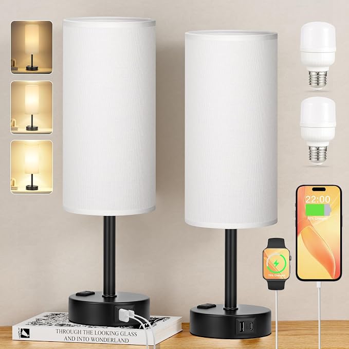 Touch Bedside Table Lamps Set of 2 - Bedroom Lamp with USB A+C, AC Outlet | 3-Way Dimmable, LED Bulb Included, White Fabric Lampshade, Matte Black Metal Base & Pole, 14" Small Nightstand Lamp for Desk
