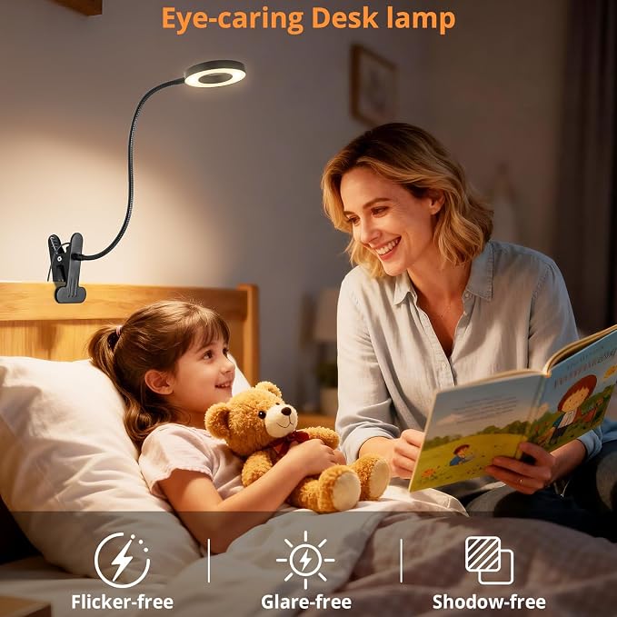 Woputne Desk Lamp Clip on Light for Bed Book Reading (Black) | 10 Dimmable Brightness 3 Light Modes Desk Lights for Home Office Clamp Bedside Lamp for Painting, Craft, Study