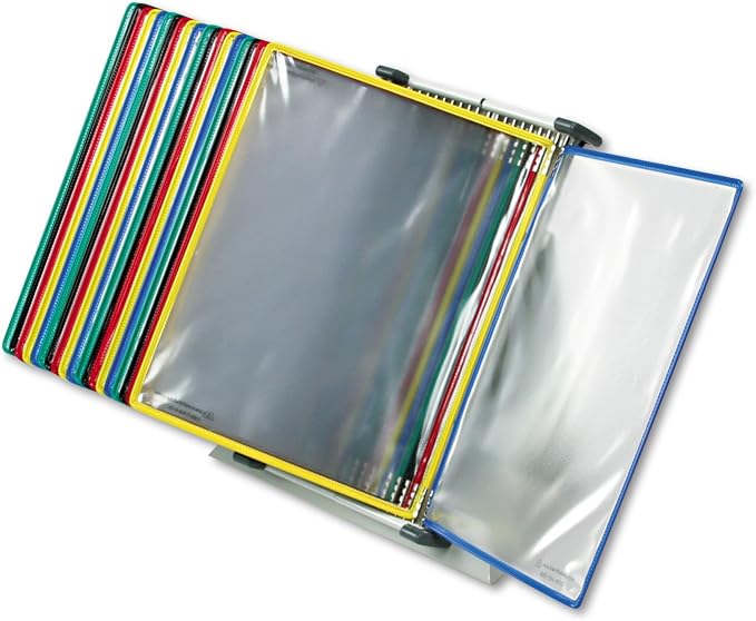 Tarifold Desktop Reference Display System, 20 Pockets, Expandable, Assorted | 20 double-sided PVC pockets hold 40 letter-size sheets, sturdy metal base, quick-find indexing, easy to assemble