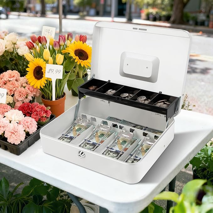 Jssmst Locking Large Metal Cash Box with Money Tray, Money Box with Key Lock, White, SM-CB0504L