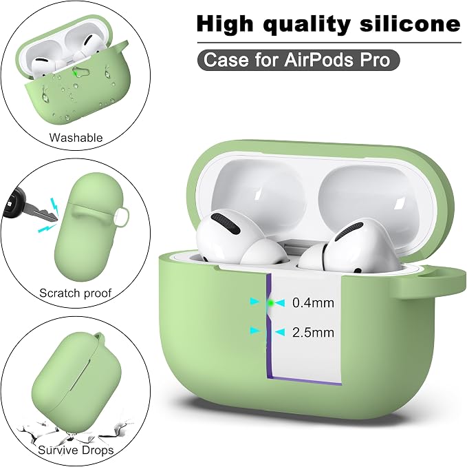 for AirPods Pro 2 Case, Soft Silicone Protective Cover with Keychain and Cleaning Pen, Compatible with AirPods Pro 2nd/1st Generation, Supports Wireless Charging, Avocado