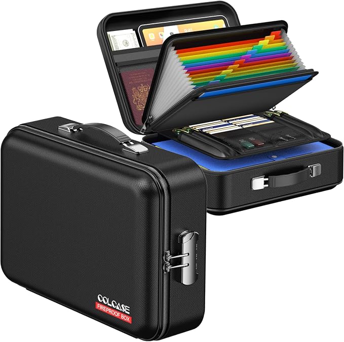 Fireproof Document Box with Lock, Hard Fireproof Document Organizer | Hard-Shell Fireproof Waterproof Documennt Box with Combination Lock Black
