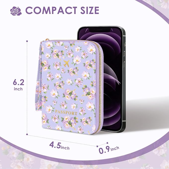 KONVINIT Passport Holder For Travel, RFID Blocking Leather Passport Cover For Travel Accessories, Passport Wallet with Zipper Closure, Cute Passport Book for Women and Men, Purple Flowers