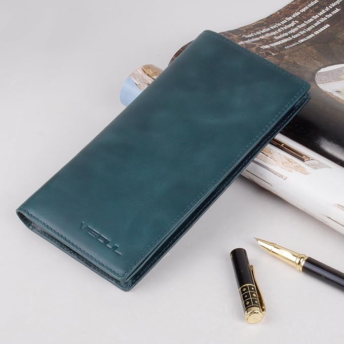 VISOUL Leather Checkbook Cover Wallet for Men with RFID Blocking, Mens Long Bifold Cash Tall Wallet with 11 Credit Card Slots 1 ID Window (Dark Blue)