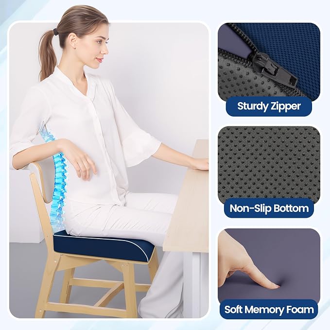 SweetSlubr Seat Cushion for Tailbone Pain Relief, Office Chair Cushion, Memory Foam Large Chair Pad with Non-Slip Cover for Soft Support at Office Chair, Car Seat, Airplane Dark Blue/Large