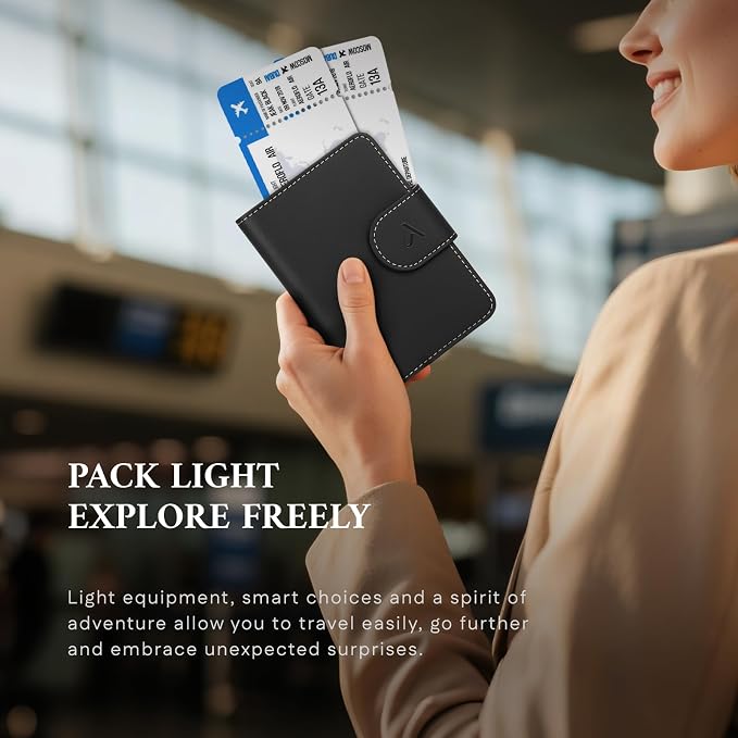 ALLIVE Passport Holder for Travel, Genuine Leather Passport Holder with AirTag Hidden Pocket, Rfid Blocking Passport Cover Travel Wallet for Women Men, Airport Essentials Gift (Black)