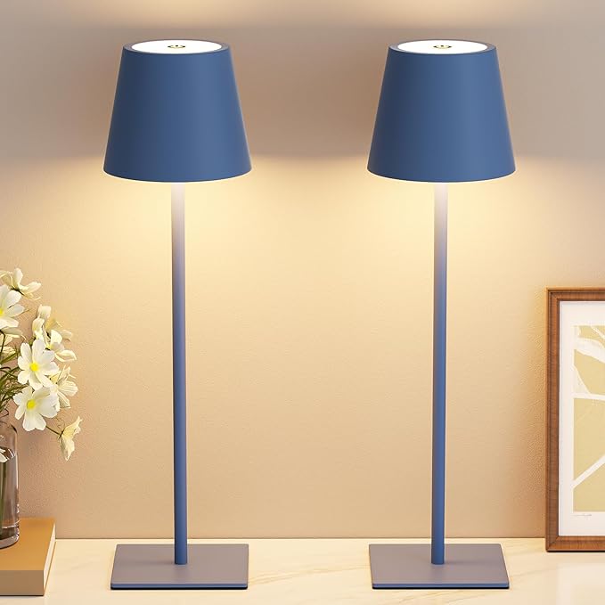 Kakanuo Cordless Rechargeable Table Lamp Navy 5000mAh Battery Operated Lamps, 3 Colors Stepless Dimming Touch Lamp for Living Room, Kitchen Counter, Dining, Outdoor Patio, 2 Pack