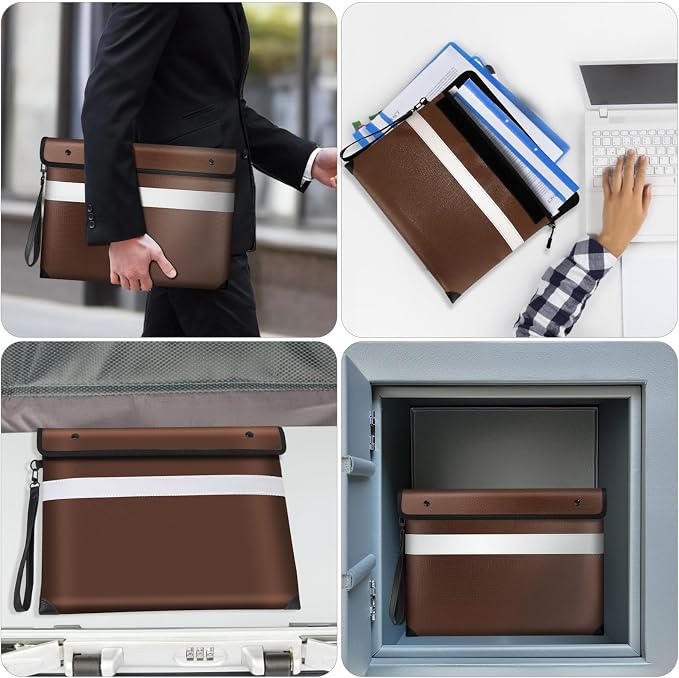 Vailoin 6200°F Fireproof Document Bag, 8 Layers of Heat Insulated Materials | Double-sided Reflective Strip, Waterproof Zipper,Certified to SGS UL94 V-1, for Tablet, Cash, A4-sized documents(Brown)