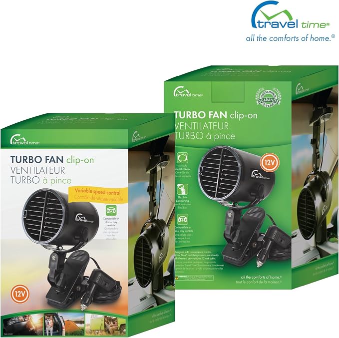 TRAVEL TIME 12V Turbo Fan Clip-On, Black – Universal for Most Vehicles, Variable Speed Control, Cooling Fan, Portable Fan for Cars, Trucks, and UTV's