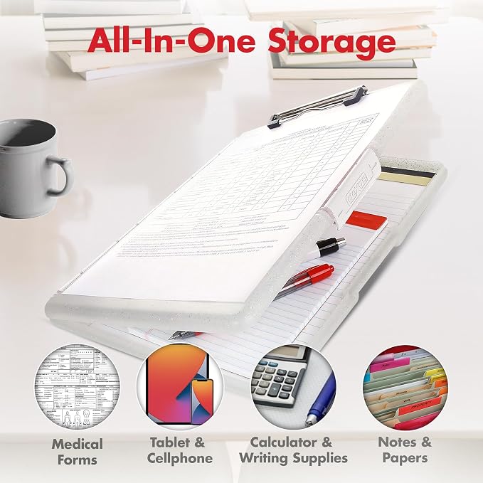 Dexas Slimcase 2 Plastic Clipboard with Storage and Side Opening, Natural Glitter White Binding, Office Supplies Clipboards to Organize, Carry and Store, A4 Holder, Nursing Clipboards(Pack of 6)
