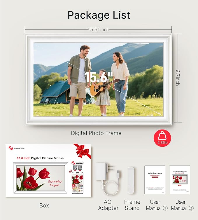 64GB Frameo 15.6" Digital Picture Frame Large 1920 x 1080 IPS FHD Touch Screen WiFi Electronic Photo Frames Share Moments Instantly Anywhere Best Gifts for Parents and Grandparents White