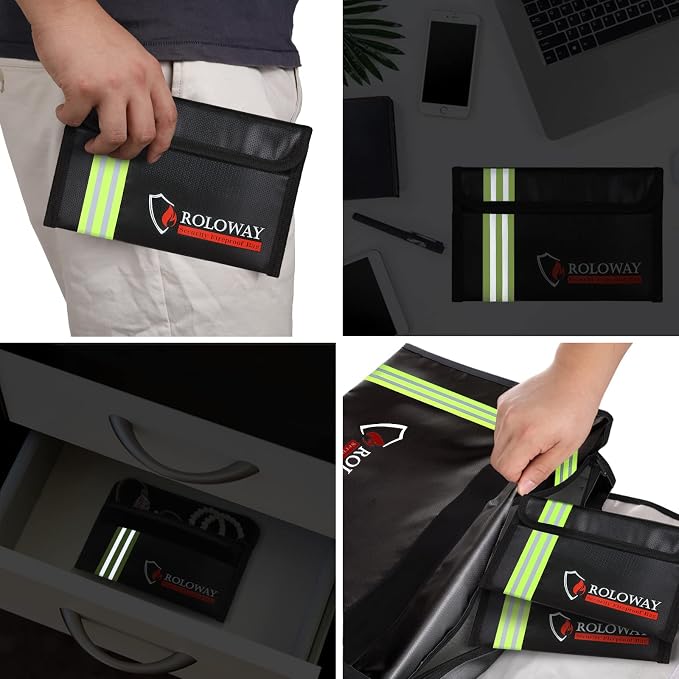 Small Fireproof Bag (5 x 8 inches) with Reflective Strip, Fireproof Money Bag for Cash, Valuables, Passport, Currency & Keys (2-Pack Black)