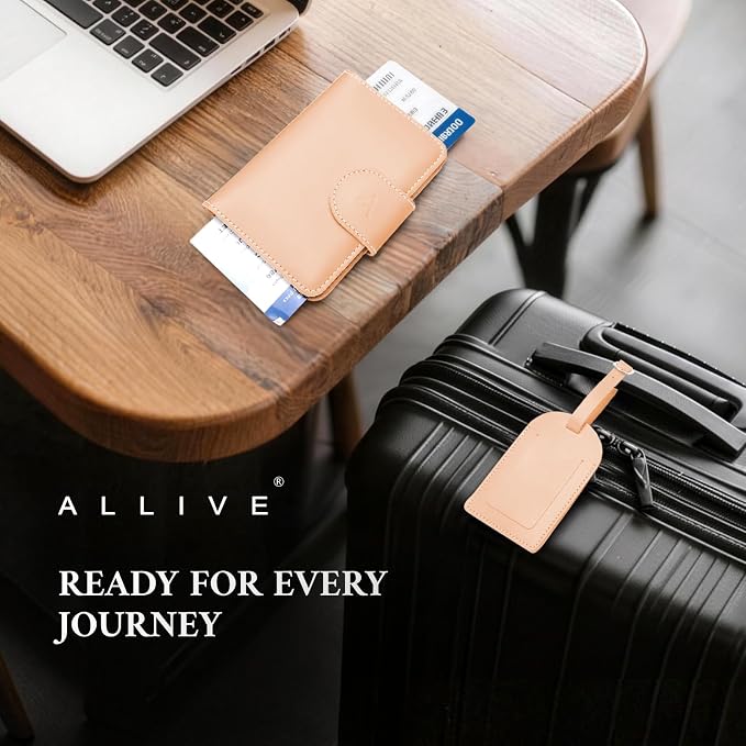 ALLIVE Rfid Passport Holder for Travel Women, Rfid Passport Cover Wallet, Genuine Leather Passport Holder for Travel with AirTag Hidden, Gift Set with Luggage Tag in Premium Gift Box (Beige)