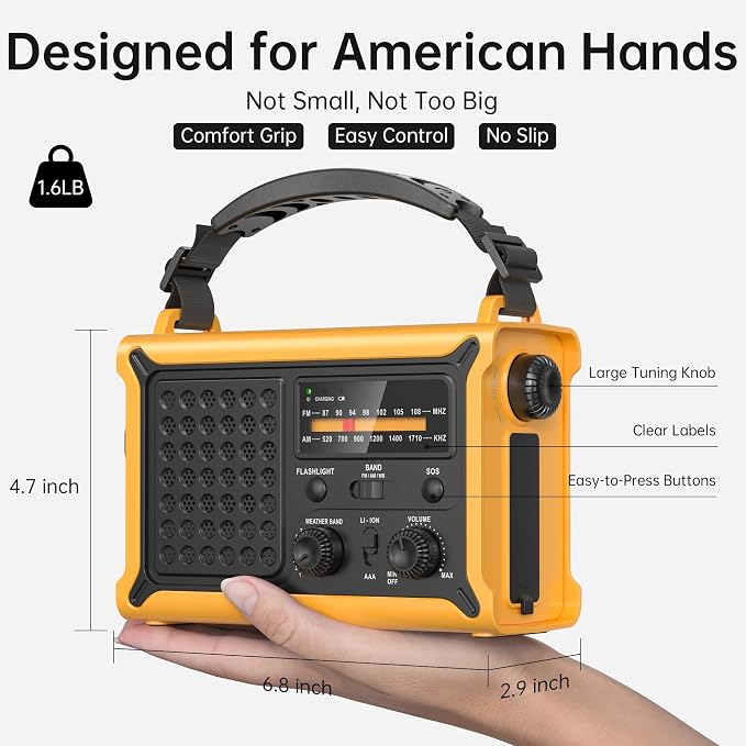Weather Radios Portable AM FM NOAA Alert with Battery Backup 12000mAh 44400mWh, Fast Solar Power, Emergency Radio Hand Crank Flashlight, Reading Lamp SOS for Home Outdoor Camping