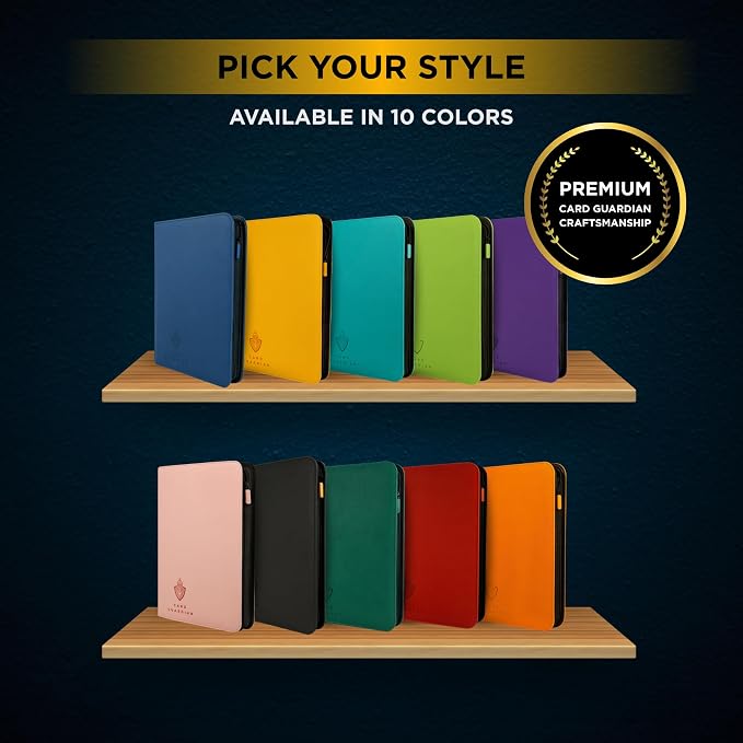 Card Guardian - 9 Pocket Premium Black Binder with Zipper for 360 Cards - Side Loading Pockets for Trading Card Games TCG (Yellow)