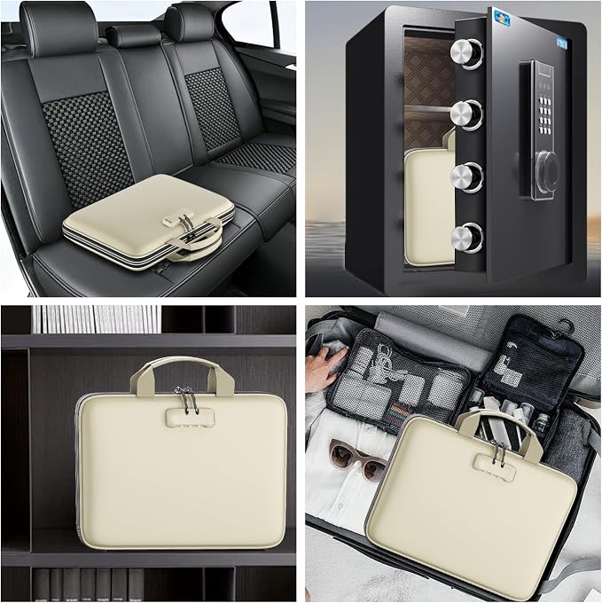 Tamfile Fireproof File Organizer with Lock,Hard Case Fireproof Document Box | 13 Colour Pockets Accordion File Folder, Office Home Important Document Organizer for Letter A4 Files Laptop Passports,Beige