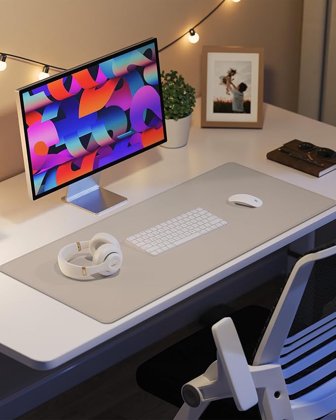 Leather Desk Protector, Large Mouse Pad, Non-Slip, Waterproof PU Leather Blotter Mat, Desk Cover for Office and Home (Beige, 36" x 17")