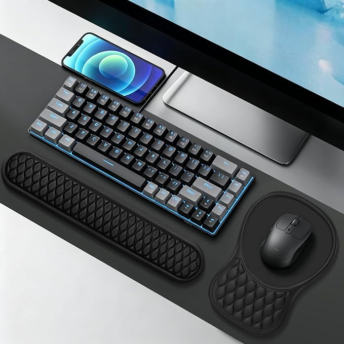 Wrist Rest for Computer Keyboard and Mouse Pad Set with Massage Design | Ergonomic Memory Foam Wrist Support Mouse Pad for Pain Relief, Easy Typing, Desk Wrist Pad for Office Home(2-in-1 Black)