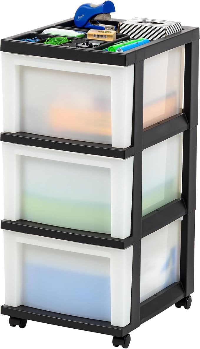 IRIS USA 3-Drawer Rolling Storage Cart, Black/Pearl | Keep classroom supplies, teacher essentials, craft materials, and learning tools organized with easy-access drawers.