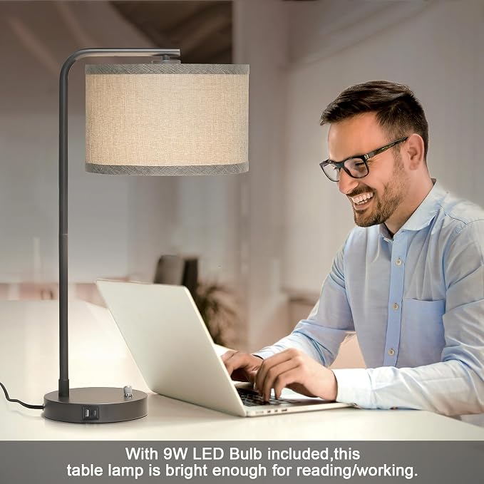 Gray Bedside Lamp with USB C+A Ports, Fully Dimmable Modern Nightstand Lamp | 25" Tall Side Table Lamp with Grey Fabric Shade, Reading Desk Lamp for Bedroom Living Room Office, 3000K LED Bulb Included