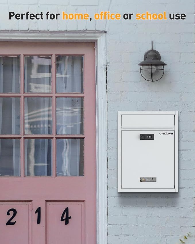 Uniclife Wall Mount Mailbox for Outside, Large Locking Mailbox with Combination Lock, Security Mail Box for House, Safe Key Drop Box, Post Box, Steel Cash Drop Box for Home Office School, White