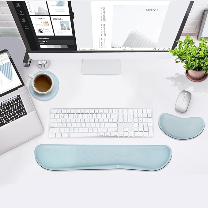 Gimars Upgrade Enlarge Gel Memory Foam Set Keyboard Wrist Rest Pad, Mouse Wrist Cushion Support for Office, Computer, Laptop, Mac, Comfortable, Lightweight for Easy Typing Pain Relief,Sky Blue
