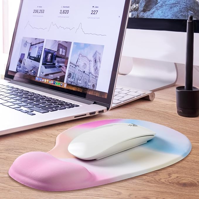 JIKIOU Ergonomic Mouse Pad with Gel Wrist Rest 2Pack,Portable Small Rainbow | Upgraded-Prevent Gel Leakage, Ergonomic Design for Pain Relief, Cooling Gel filled, Smooth Lycra Surface, Non-Slip PU Base