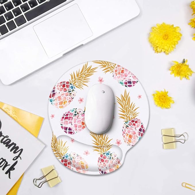 Ergonomic Mouse Pad with Wrist Support, WAVEYU Non-Slip Rubber Base Mousepad for Desk Laptop Gaming Working Computers Laptop Easy Typing & Pain Relief, Pink Pineapple