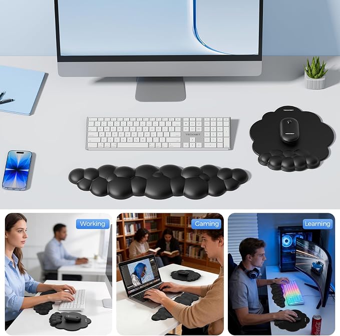TECKNET Cloud Mouse Pad with Wrist Rest, Ergonomic Cloud Wrist Rest with Non-Slip Base, PU Leather Memory Foam Mouse Pad Wrist Support for Keyboard and Mouse, Pain Relief for Typing, Gaming, Black
