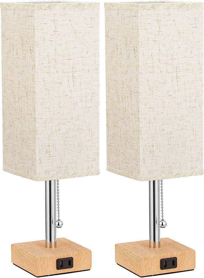 Bedside Lamp for Bedroom Set of 2 - Small Table Lamp for Nightstand | AC Outlet, 3 Color Temperatures, LED Bulb Included, Pull Chain Design, 14" Rectangular Desk Lamp for Dorm/Office, 2-Pack